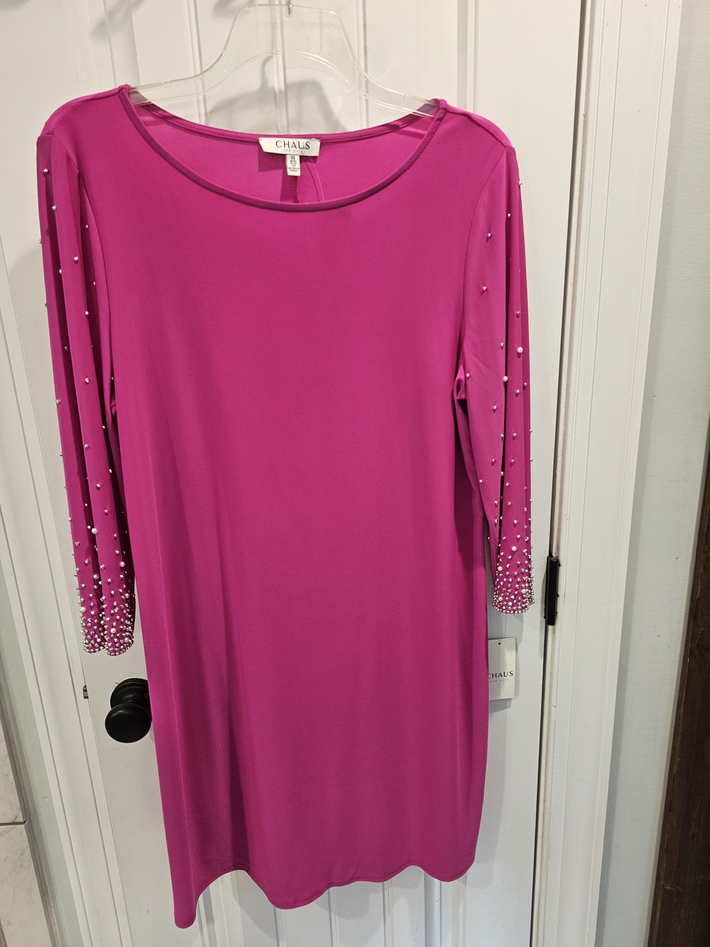 Chaus Hot Pink Long-Sleeve Beaded Shift Dress